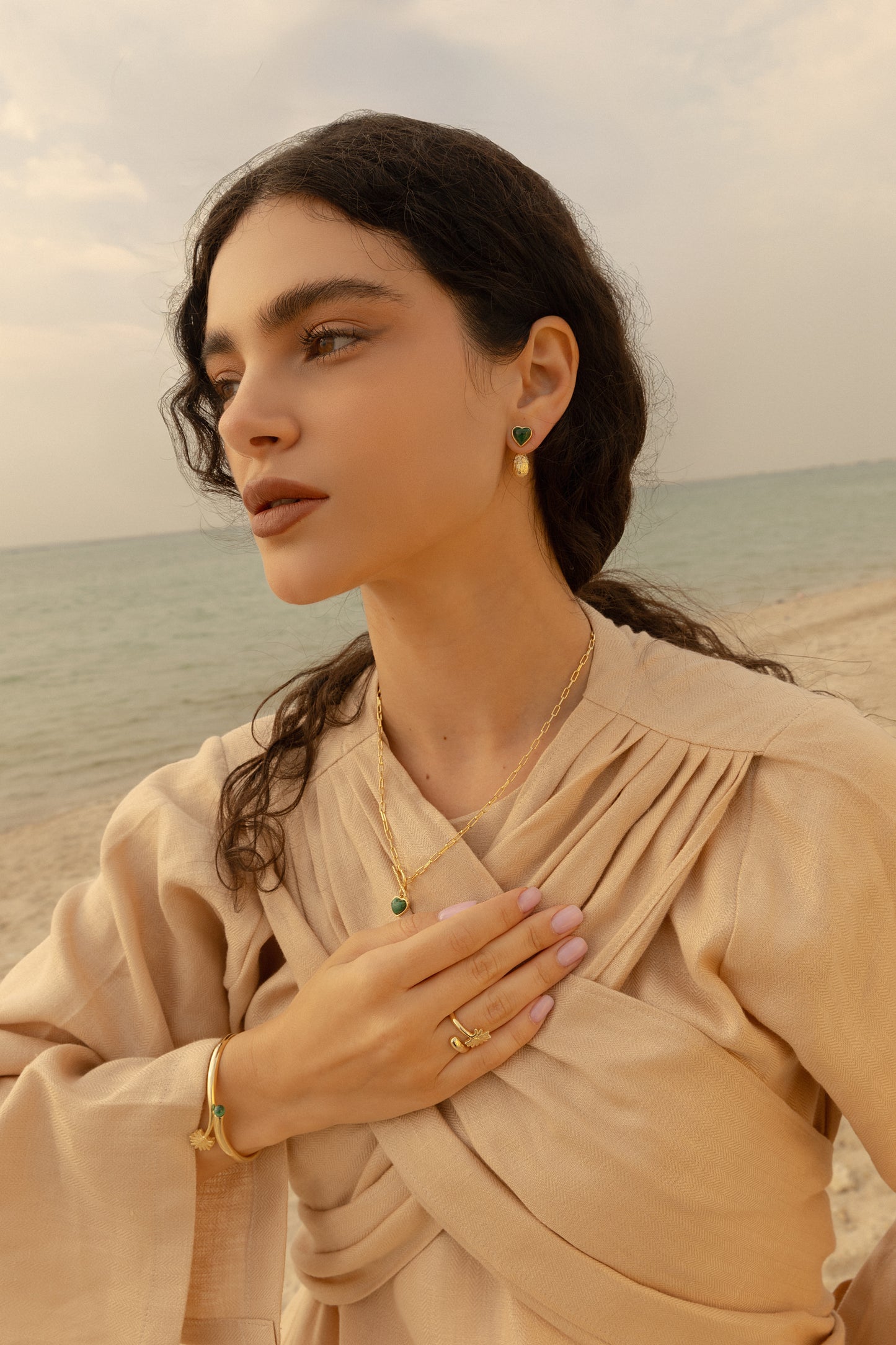 Hearts Stud Earrings with Malachite