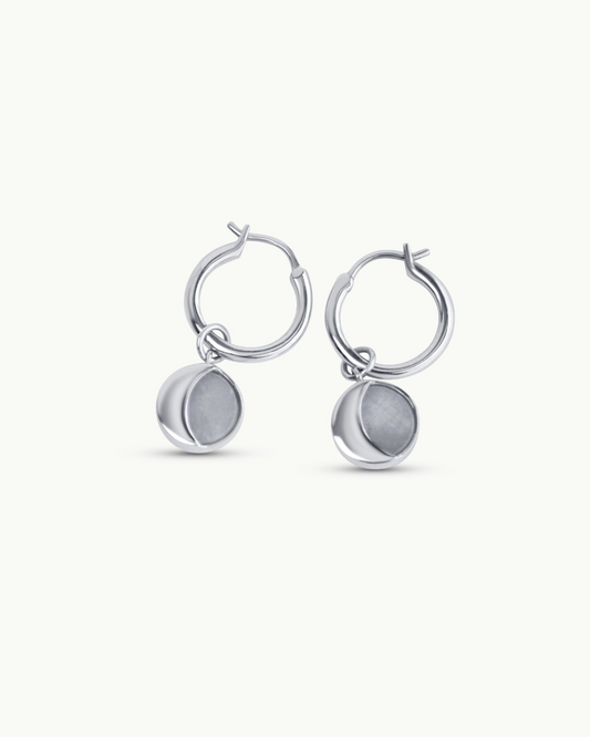 Silver Moon Earrings with Rainbow Moonstone